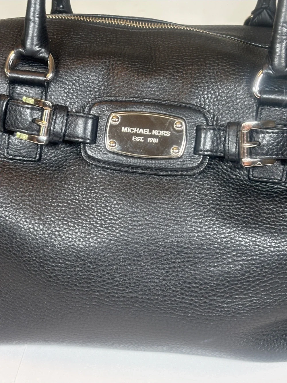 Michael Kors Black Hamiliton Weekender Leather Tote Satchel with Silver Hardware